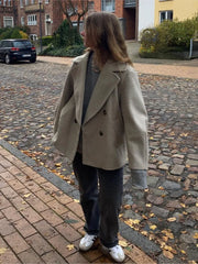 Lizakosht Turndown Collar Solid Jacket Autumn Women Long Sleeve Double Breasted Pocket Street Jackets Casual Female Split Office Outwear