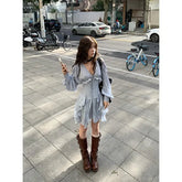 Lizakosht Two Pieces Set Fashion Sweet Trendy Slim Waist Tunic Y2k Aesthetic Corset+V Neck Long Sleeve Solid Elegant Chic Casual Dresses