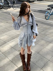 Lizakosht Two Pieces Set Fashion Sweet Trendy Slim Waist Tunic Y2k Aesthetic Corset+V Neck Long Sleeve Solid Elegant Chic Casual Dresses