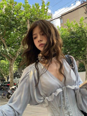 Lizakosht Two Pieces Set Fashion Sweet Trendy Slim Waist Tunic Y2k Aesthetic Corset+V Neck Long Sleeve Solid Elegant Chic Casual Dresses