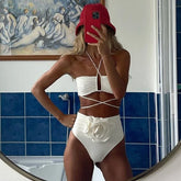 Lizakosht Two-Pieces Women Floral Lace Up Push-Up Padded Bra White Bikini Set Swimsuit Swimwear Bathing Suit Beachwear Biquini