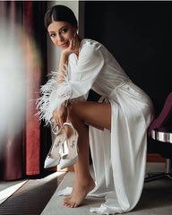 Lizakosht Bride Robe With Feather Sleeves White Boudoir Robe Long Gown Silk Bridal Wedding Dressing Gown Women Sheer Robes Bridesmaid Gift