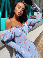 WannThis 2022 New Women's Dress With Corset Partywear Lace-up Off Shoulder Floral Ruched Long Sleeve Elegant Spring Summer Dress