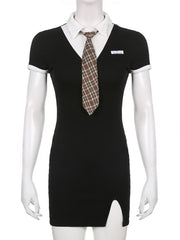 Lizakosht Preppy Style Ppatchwork Split Dress Casual Turn-Down Collar Short Sleeve Mini Dresses For Women 2022 Spring Summer Girls