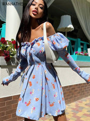 WannThis 2022 New Women's Dress With Corset Partywear Lace-up Off Shoulder Floral Ruched Long Sleeve Elegant Spring Summer Dress
