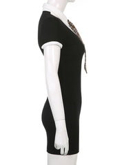 Lizakosht Preppy Style Ppatchwork Split Dress Casual Turn-Down Collar Short Sleeve Mini Dresses For Women 2022 Spring Summer Girls