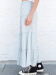 Lizakosht Vintage Blue Floral Ruffle Long Skirts Women Sweet Elastic High Waist Summer A-line Skirt Chic Streetwear Cute Y2k Faldas Bottom