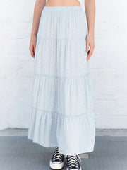 Lizakosht Vintage Blue Floral Ruffle Long Skirts Women Sweet Elastic High Waist Summer A-line Skirt Chic Streetwear Cute Y2k Faldas Bottom