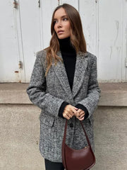 Lizakosht Vintage Elegant Woolen Lapel Blazer Coat Female Chic Double Button Long Sleeve Jacket Fashion Women Commuting Street Overcoats