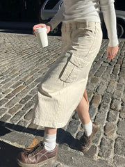 Lizakosht Vintage Khaki Casual Cargo Skirts Chic Solid Side Pockets Sexy Low Waist Long Skirt Women Summer Streetwear Y2k Clothes