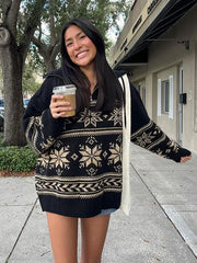 Lizakosht Vintage Leaf Print Knit Zipper Collar Women Jumper Long Sleeve Loose Oversized Autumn Sweater Female Winter Chic Casual Knitwear