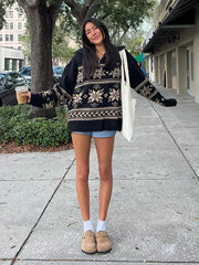 Lizakosht Vintage Leaf Print Knit Zipper Collar Women Jumper Long Sleeve Loose Oversized Autumn Sweater Female Winter Chic Casual Knitwear