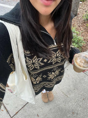 Lizakosht Vintage Leaf Print Knit Zipper Collar Women Jumper Long Sleeve Loose Oversized Autumn Sweater Female Winter Chic Casual Knitwear