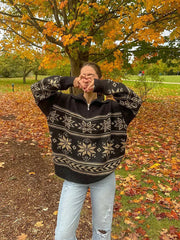 Lizakosht Vintage Leaf Print Knit Zipper Collar Women Jumper Long Sleeve Loose Oversized Autumn Sweater Female Winter Chic Casual Knitwear