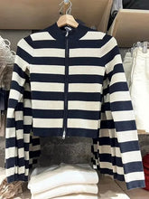 Lizakosht Vintage Striped Slim Knit Cardigan Women Soft Cotton Zipper Spring Long Sleeve Sweater Female Casual Simple Sexy Crop Top Y2k