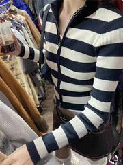 Lizakosht Vintage Striped Slim Knit Cardigan Women Soft Cotton Zipper Spring Long Sleeve Sweater Female Casual Simple Sexy Crop Top Y2k