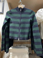 Lizakosht Vintage Striped Slim Knit Cardigan Women Soft Cotton Zipper Spring Long Sleeve Sweater Female Casual Simple Sexy Crop Top Y2k