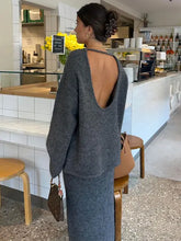 Lizakosht Vintage Women Autumn Knit Backless Top Pullover Skirt Set Long Sleeve Loose Oversize O-neck Top 2 Pcs Set Chic Casual Streetwear