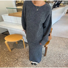 Lizakosht Vintage Women Autumn Knit Backless Top Pullover Skirt Set Long Sleeve Loose Oversize O-neck Top 2 Pcs Set Chic Casual Streetwear