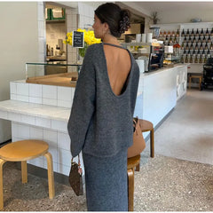 Lizakosht Vintage Women Autumn Knit Backless Top Pullover Skirt Set Long Sleeve Loose Oversize O-neck Top 2 Pcs Set Chic Casual Streetwear