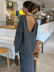 Lizakosht Vintage Women Autumn Knit Backless Top Pullover Skirt Set Long Sleeve Loose Oversize O-neck Top 2 Pcs Set Chic Casual Streetwear