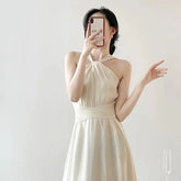 Woman Beach Vacation Dress Sleeveless Sexy Halter Solid Korean Fashion Summer New Elegant Midi Sexy Club Dresses French Backless