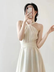 Woman Beach Vacation Dress Sleeveless Sexy Halter Solid Korean Fashion Summer New Elegant Midi Sexy Club Dresses French Backless