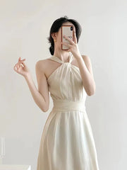 Woman Beach Vacation Dress Sleeveless Sexy Halter Solid Korean Fashion Summer New Elegant Midi Sexy Club Dresses French Backless