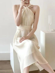Woman Beach Vacation Dress Sleeveless Sexy Halter Solid Korean Fashion Summer New Elegant Midi Sexy Club Dresses French Backless