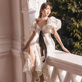 Lizakosht Women Fashion Loose Print Dress Lady Summer V-Neck Puff Sleeve Ankle-Length Dress Elegant Lace-Up Slit Dresses