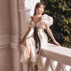 Lizakosht Women Fashion Loose Print Dress Lady Summer V-Neck Puff Sleeve Ankle-Length Dress Elegant Lace-Up Slit Dresses