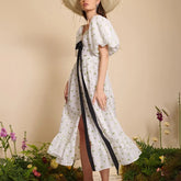 Lizakosht Women Fashion Loose Print Dress Lady Summer V-Neck Puff Sleeve Ankle-Length Dress Elegant Lace-Up Slit Dresses