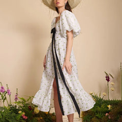 Lizakosht Women Fashion Loose Print Dress Lady Summer V-Neck Puff Sleeve Ankle-Length Dress Elegant Lace-Up Slit Dresses