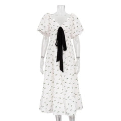 Lizakosht Women Fashion Loose Print Dress Lady Summer V-Neck Puff Sleeve Ankle-Length Dress Elegant Lace-Up Slit Dresses