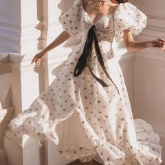 Lizakosht Women Fashion Loose Print Dress Lady Summer V-Neck Puff Sleeve Ankle-Length Dress Elegant Lace-Up Slit Dresses
