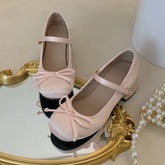Lizakosht Women Ballet Pumps Lolita Mary Jane Ladies Chunky Heel Bow-knot Shallow Sandals Female Cute Sweet Round Toe College Girl Shoes