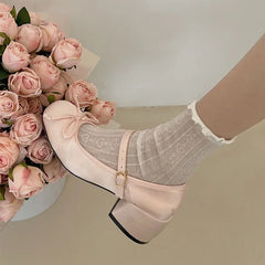 Lizakosht Women Ballet Pumps Lolita Mary Jane Ladies Chunky Heel Bow-knot Shallow Sandals Female Cute Sweet Round Toe College Girl Shoes