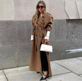 Lizakosht Women Elegant Lace-up Woolen Blend Long Coat Fashion Turn-down Collar Long Sleeve Jacket 2024 New Female Casual Street Outwear