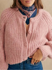 Lizakosht Women Pink Mohair Beaded Rib Knitting Cardigan Autumn Tone-on-tone Buttons Wool Sweaters Sweet Softy Warm Jumper Knitwear