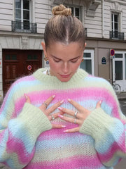 Lizakosht Women Rainbow Stripe Knit Gradient Sweater Autumn Chic Loose O Neck Long Sleeve Colorful Pullover 2024 Fashion Female Streetwear
