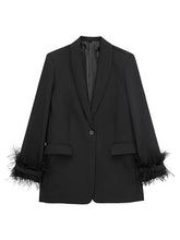 Women Sexy Cuff Splicing Feather Blazers Casual Loose Single Button Long Sleeve Outerwear Fashion Office Ladies V Neck Suit