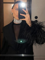 Women Sexy Cuff Splicing Feather Blazers Casual Loose Single Button Long Sleeve Outerwear Fashion Office Ladies V Neck Suit