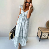Lizakosht Women Sexy Loose Print Summer Dress Lady Fashion V-Neck Sleeveless Ankle-Length Dress Elegant Holiday Ruffle Dresses