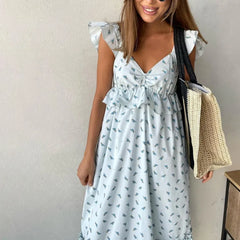 Lizakosht Women Sexy Loose Print Summer Dress Lady Fashion V-Neck Sleeveless Ankle-Length Dress Elegant Holiday Ruffle Dresses