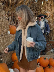 Lizakosht Women Spliced Teddy Collar Denim Coat Fashion Long Sleeve Elastic Hem Pocket Jackets Autumn Winter Female Street Outerwear