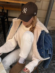 Lizakosht Women Spliced Teddy Collar Denim Coat Fashion Long Sleeve Elastic Hem Pocket Jackets Autumn Winter Female Street Outerwear