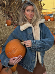 Lizakosht Women Spliced Teddy Collar Denim Coat Fashion Long Sleeve Elastic Hem Pocket Jackets Autumn Winter Female Street Outerwear