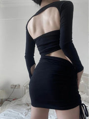 Lizakosht Y2K Aesthetic Three Pieces Set Hollow Out Summer Backless Crop Cardigan +drawstring Strapless+high Waist Sexy Mini Skirts