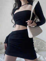 Lizakosht Y2K Aesthetic Three Pieces Set Hollow Out Summer Backless Crop Cardigan +drawstring Strapless+high Waist Sexy Mini Skirts