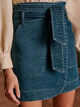 Lizakosht Solid Cowboy Skirt Women High Waist Lace Up Big Pocket Mini Skirt Female Classic Vintage Casual Lady Bottom